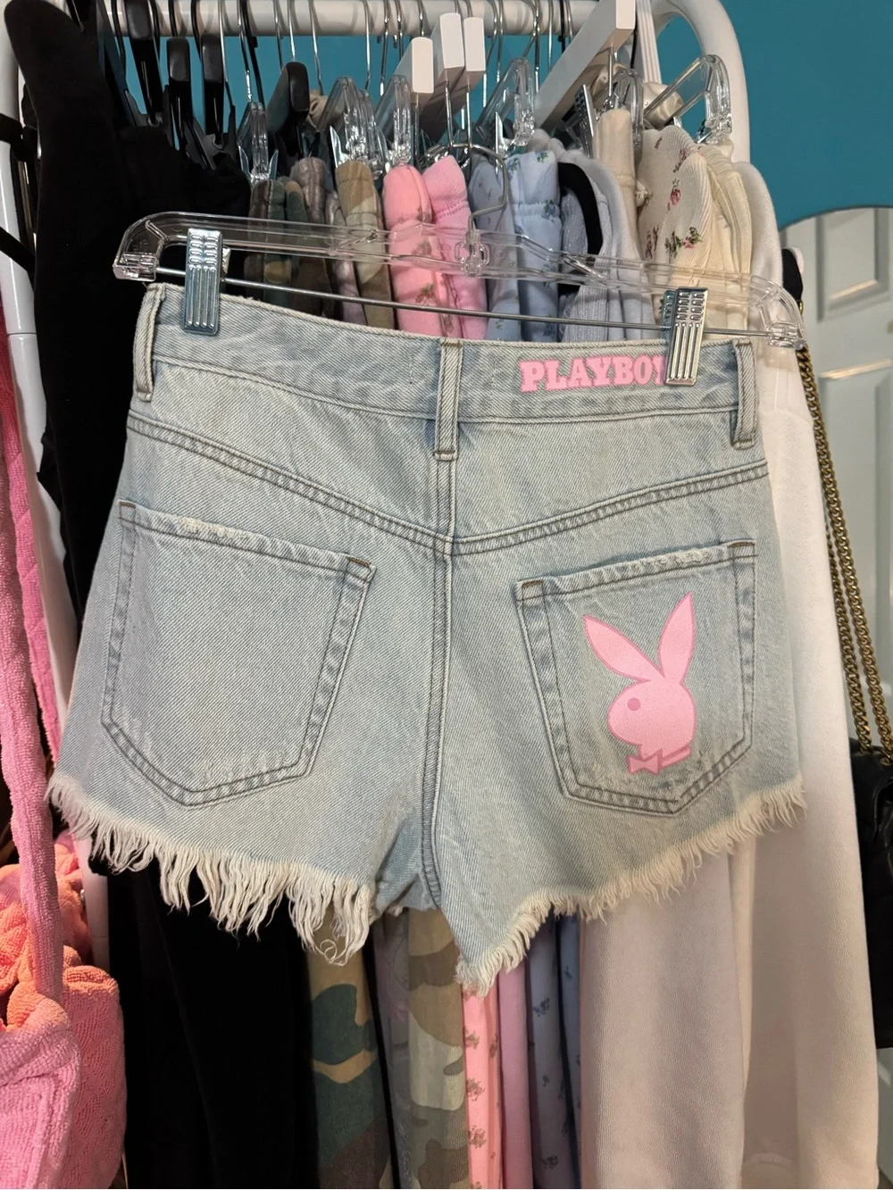 PLAYBOY Light Wash Denim High Waist Frayed Shorts with Pink Bunny